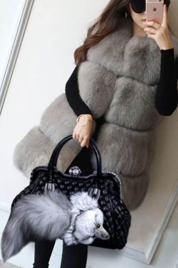 Style Red Fox Fur Decorated Faux Leather Tote Handbag