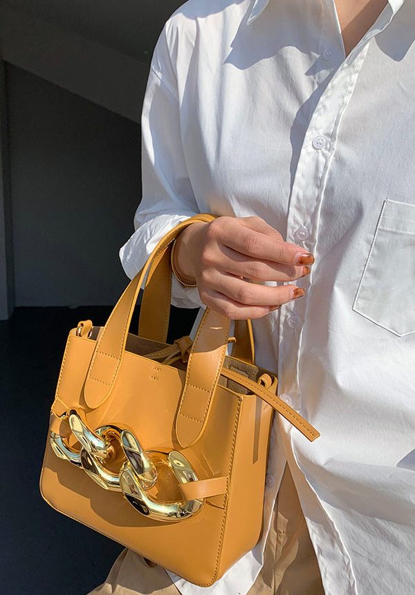 Style Yellow Chain Linked Faux Leather Tote Mini Bag