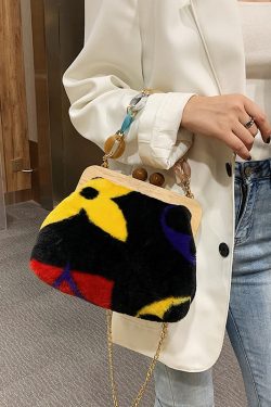 Stylish Acrylic Fuzzy Fur Fluffy Patchwork Messenger Bag