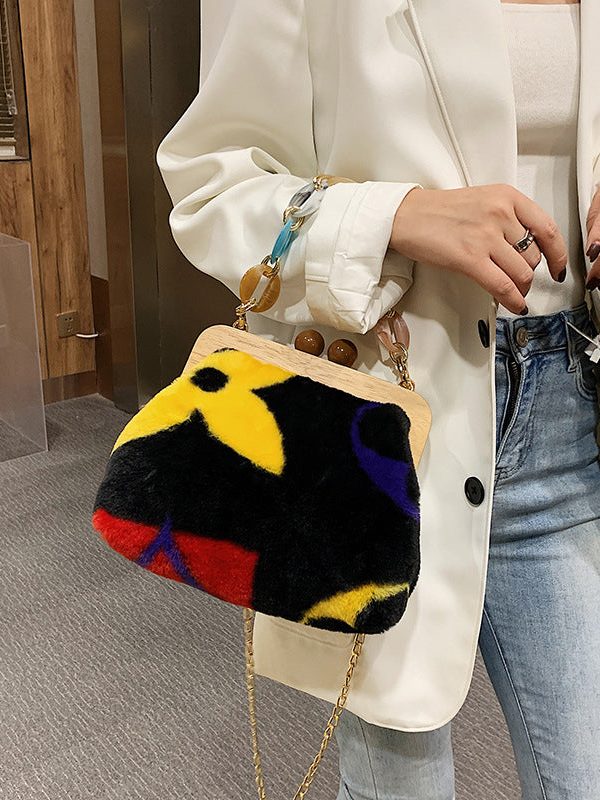 Stylish Acrylic Fuzzy Fur Fluffy Patchwork Messenger Bag