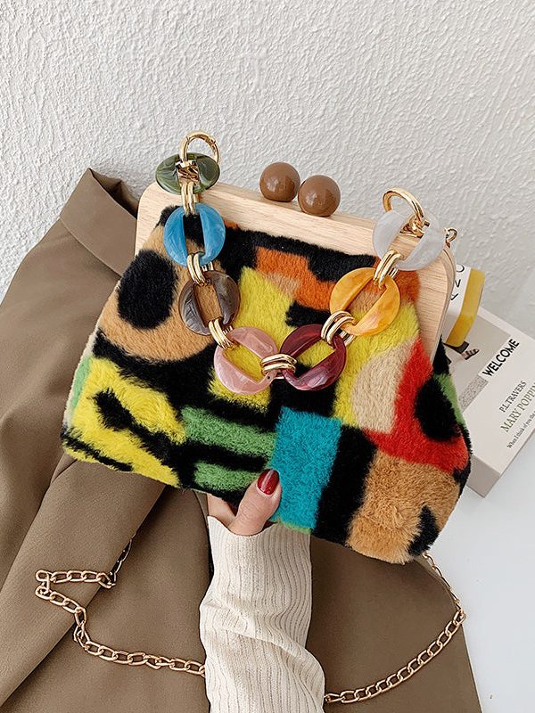 Stylish Acrylic Fuzzy Fur Fluffy Patchwork Messenger Bag