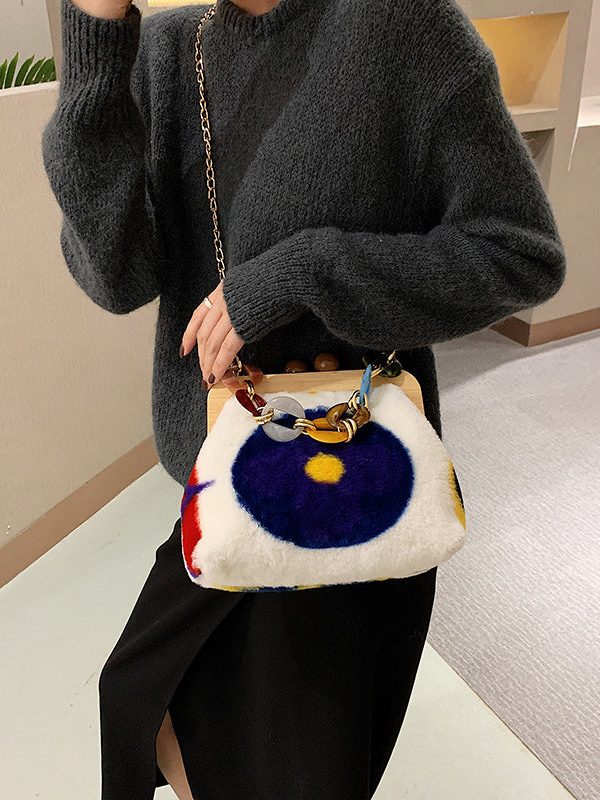 Stylish Acrylic Fuzzy Fur Fluffy Patchwork Messenger Bag