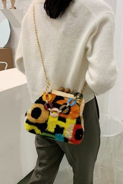 Stylish Acrylic Fuzzy Fur Fluffy Patchwork Messenger Bag