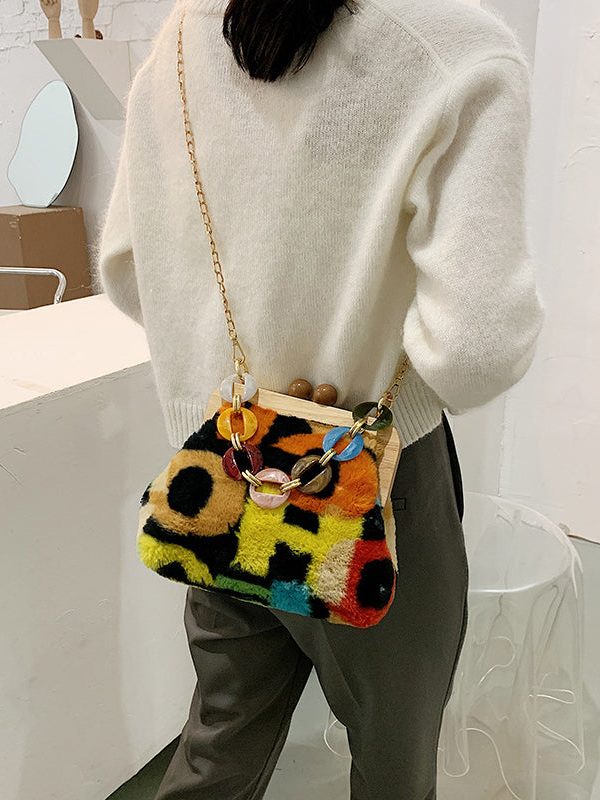 Stylish Acrylic Fuzzy Fur Fluffy Patchwork Messenger Bag