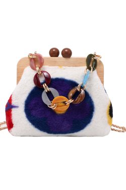 Stylish Acrylic Fuzzy Fur Fluffy Patchwork Messenger Bag