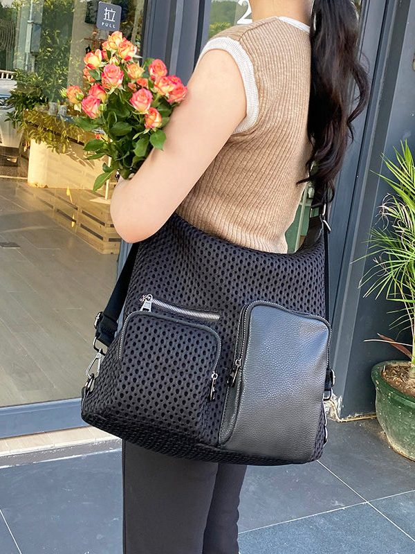 Stylish Black Hollow Out Pockets Cotton Versatile Backpack Bag