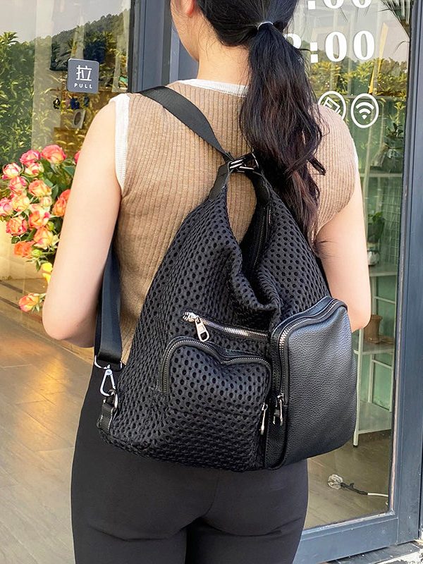 Stylish Black Hollow Out Pockets Cotton Versatile Backpack Bag