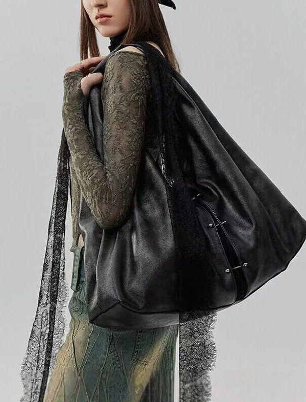 Stylish Black Lace Large Capacity Faux Leather Satchel Handbag