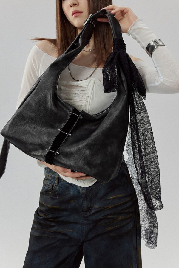 Stylish Black Lace Large Capacity Faux Leather Satchel Handbag