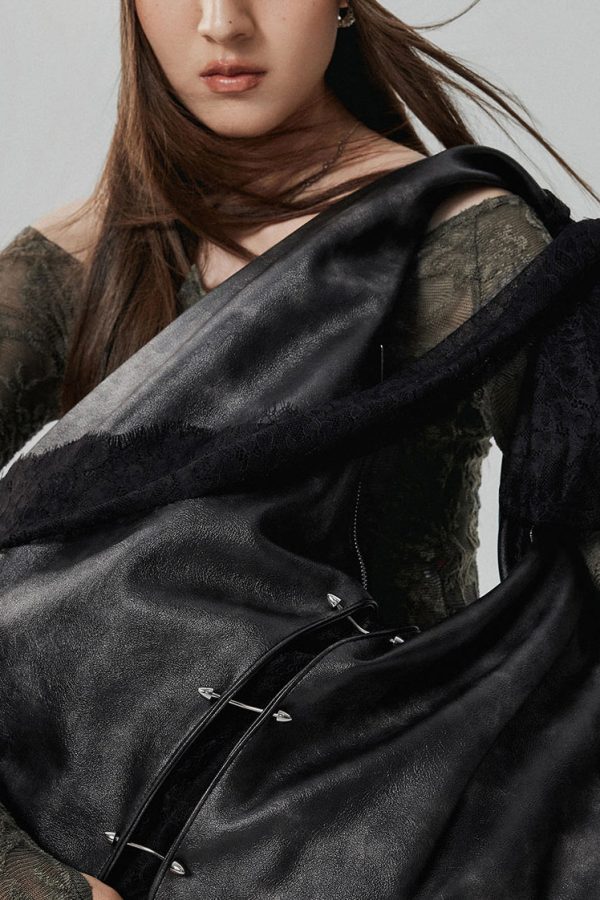 Stylish Black Lace Large Capacity Faux Leather Satchel Handbag