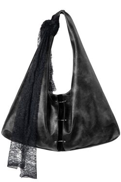 Stylish Black Lace Large Capacity Faux Leather Satchel Handbag