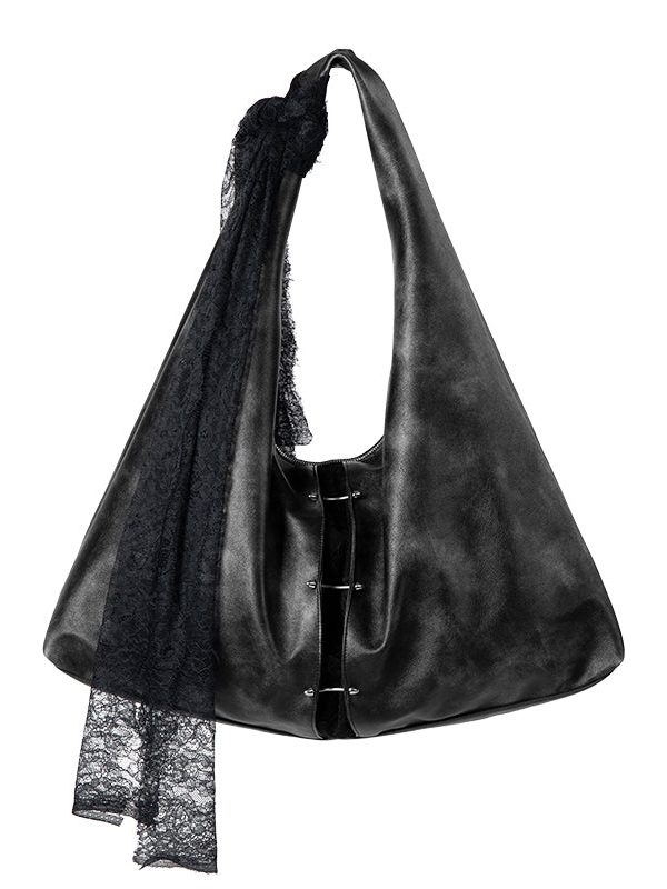 Stylish Black Lace Large Capacity Faux Leather Satchel Handbag