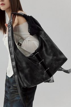 Stylish Black Lace Large Capacity Faux Leather Satchel Handbag