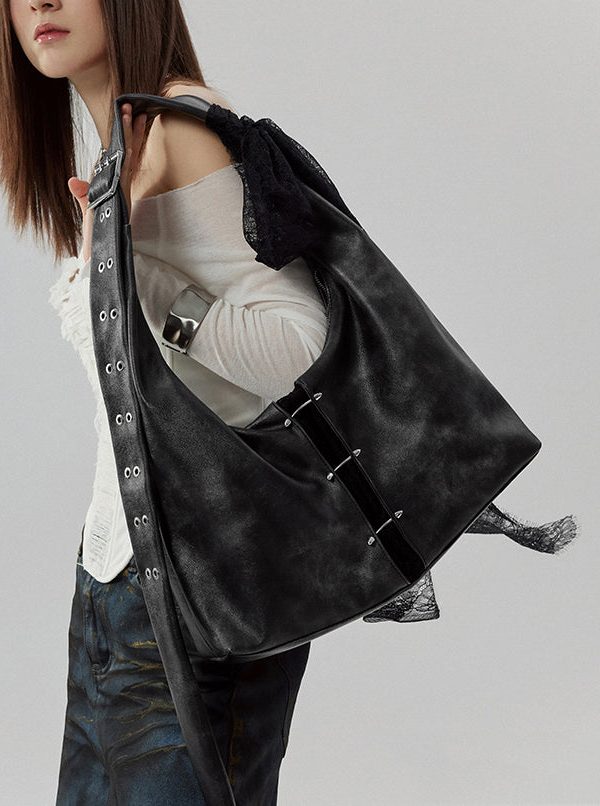 Stylish Black Lace Large Capacity Faux Leather Satchel Handbag