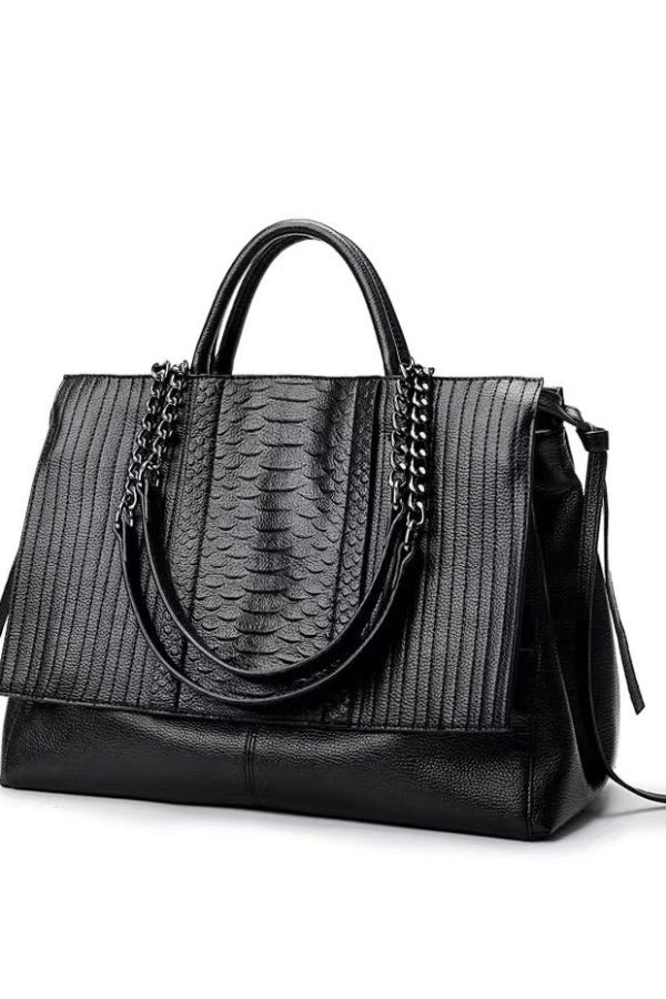 Stylish Black Large Capacity Calf Leather Tote Handbag