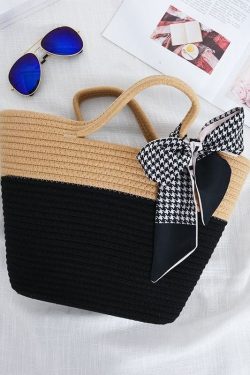 Stylish Black Patchwork Knit Fabric Cotton Beach Tote Handbag