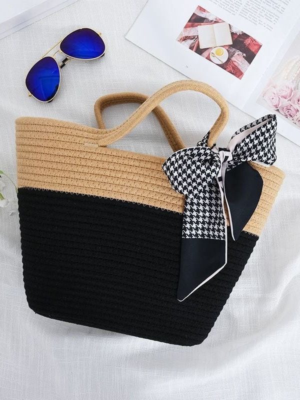 Stylish Black Patchwork Knit Fabric Cotton Beach Tote Handbag