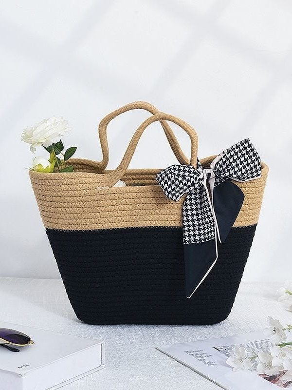 Stylish Black Patchwork Knit Fabric Cotton Beach Tote Handbag