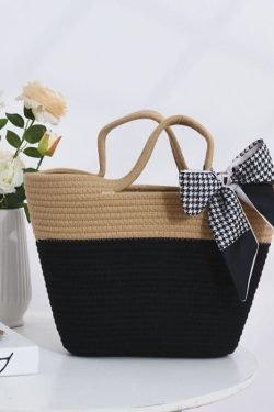 Stylish Black Patchwork Knit Fabric Cotton Beach Tote Handbag