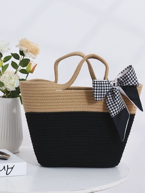 Stylish Black Patchwork Knit Fabric Cotton Beach Tote Handbag