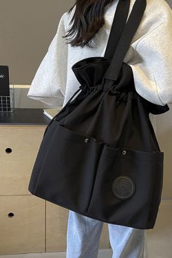 Stylish Black Pockets Drawstring Canvas Satchel Handbag