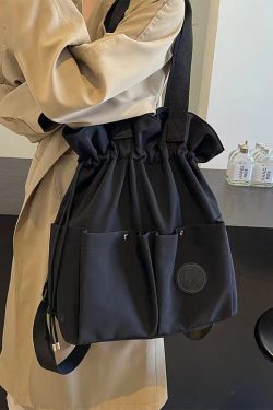 Stylish Black Pockets Drawstring Canvas Satchel Handbag
