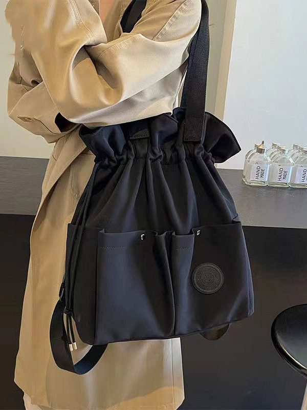 Stylish Black Pockets Drawstring Canvas Satchel Handbag