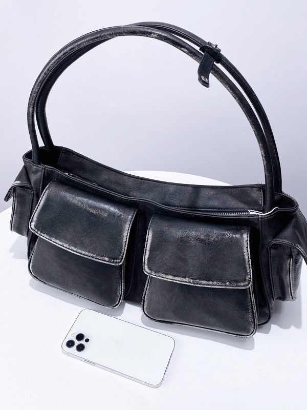 Stylish Black Pockets Durable Faux Leather Satchel Handbag