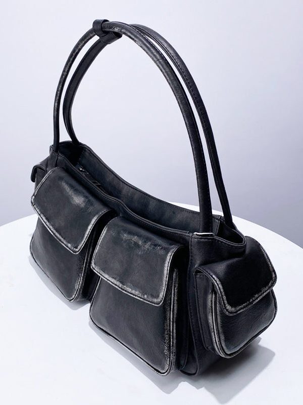 Stylish Black Pockets Durable Faux Leather Satchel Handbag