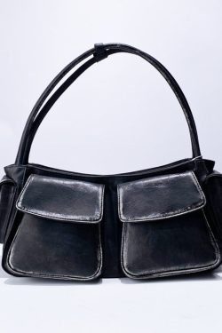 Stylish Black Pockets Durable Faux Leather Satchel Handbag