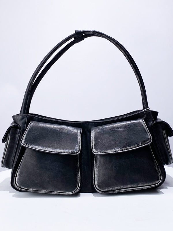 Stylish Black Pockets Durable Faux Leather Satchel Handbag