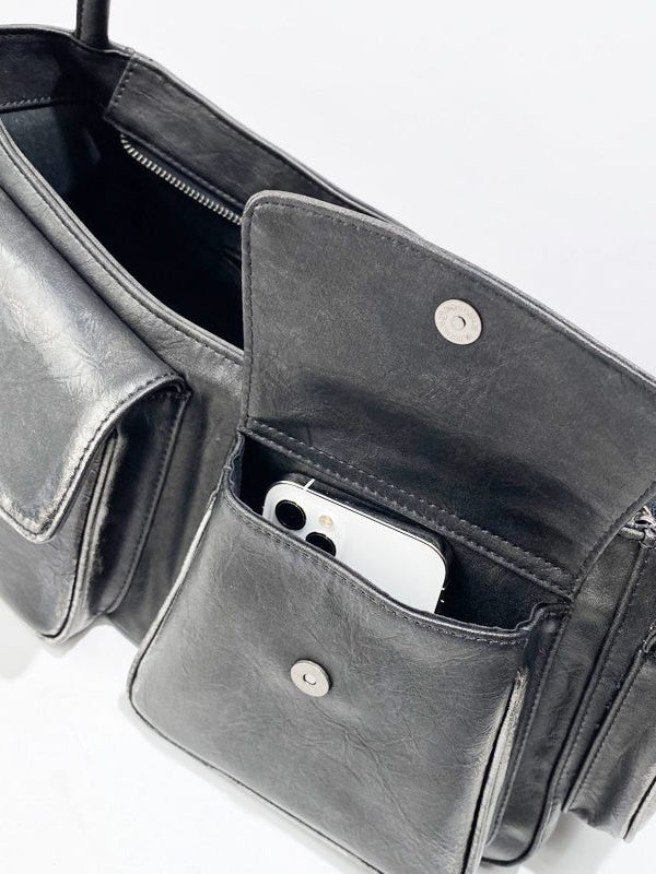 Stylish Black Pockets Durable Faux Leather Satchel Handbag