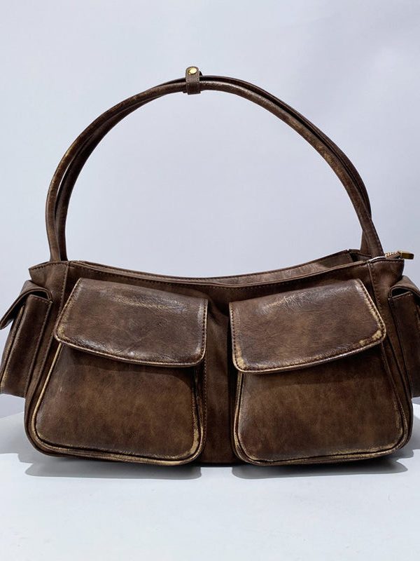 Stylish Black Pockets Durable Faux Leather Satchel Handbag