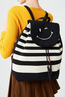 Stylish Black Striped Large Capacity Cotton Backpack Bag