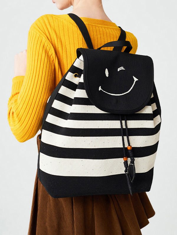 Stylish Black Striped Large Capacity Cotton Backpack Bag