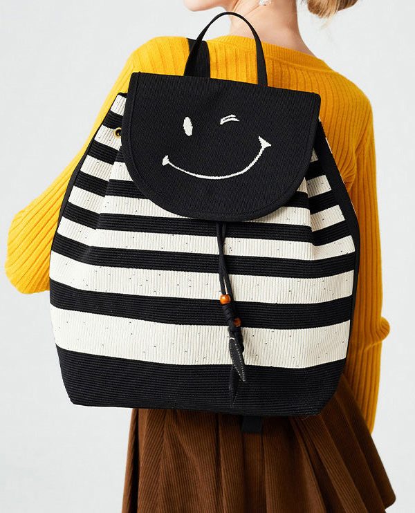Stylish Black Striped Large Capacity Cotton Backpack Bag