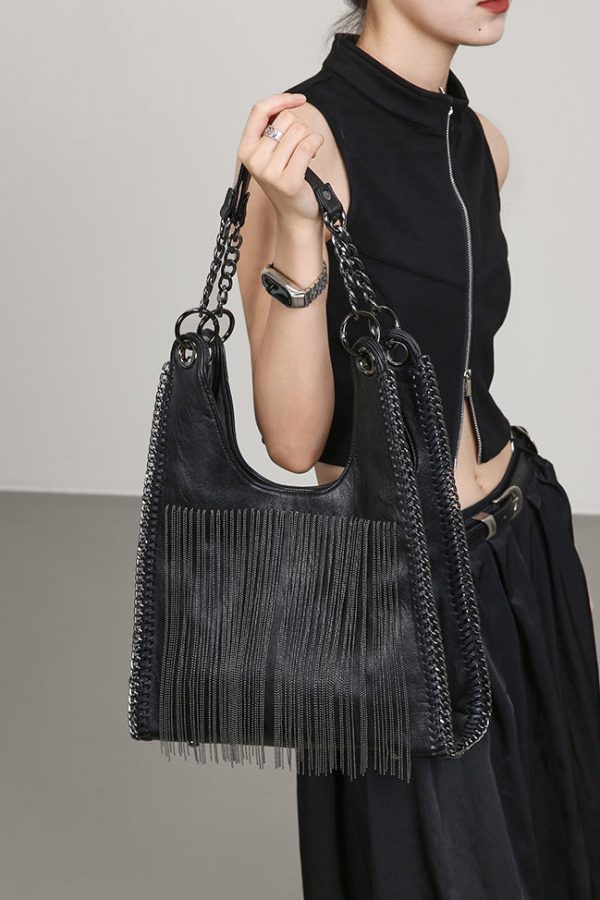 Stylish Black Tassel Faux Leather Large Capacity Shoulder Bag