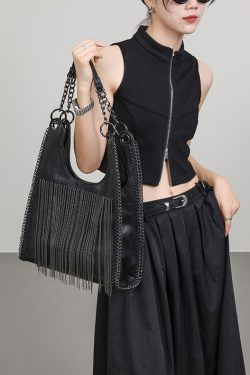 Stylish Black Tassel Faux Leather Large Capacity Shoulder Bag