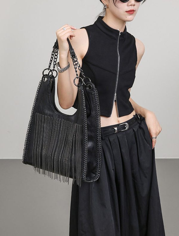 Stylish Black Tassel Faux Leather Large Capacity Shoulder Bag