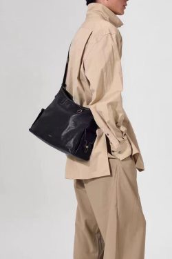 Stylish Black Versatile Calf Leather Messenger Bag