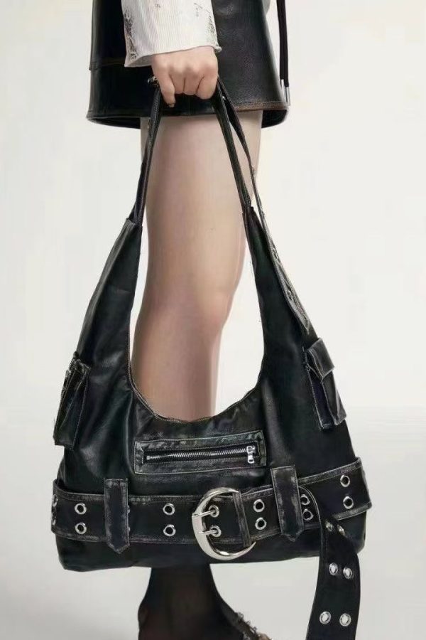 Stylish Black Zippered Solid Durable Faux Leather Shoulder Bags