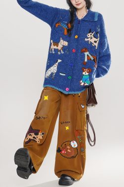Stylish Blue Embroidered Dog Embroidered Knit Cardigans Winter