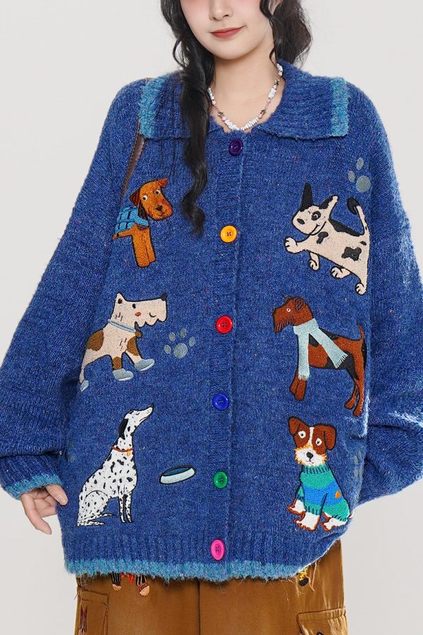 Stylish Blue Embroidered Dog Embroidered Knit Cardigans Winter