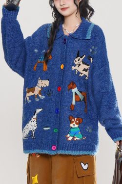 Stylish Blue Embroidered Dog Embroidered Knit Cardigans Winter