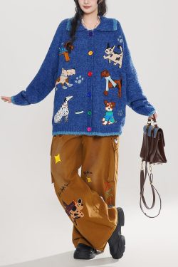 Stylish Blue Embroidered Dog Embroidered Knit Cardigans Winter