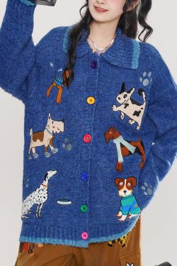 Stylish Blue Embroidered Dog Embroidered Knit Cardigans Winter