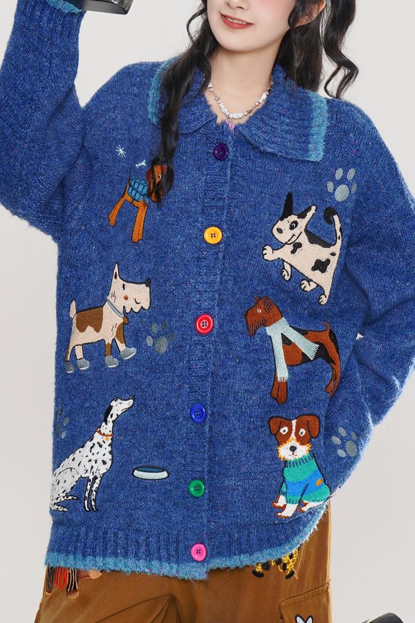 Stylish Blue Embroidered Dog Embroidered Knit Cardigans Winter