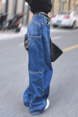 Stylish Blue High Waist Patchwork Pocket Denim Pants Spring