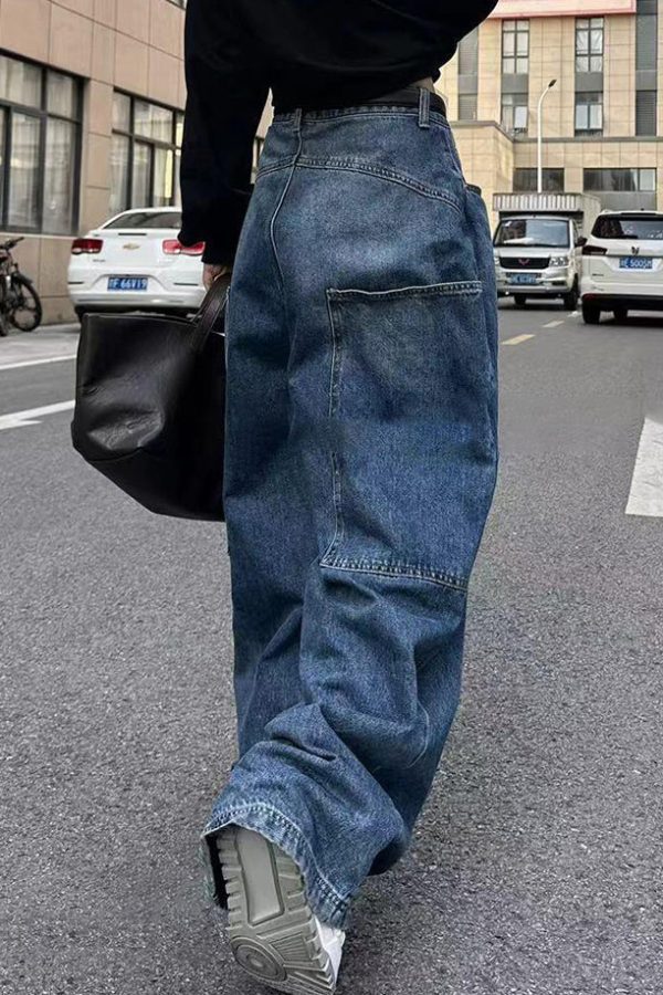 Stylish Blue High Waist Patchwork Pocket Denim Pants Spring