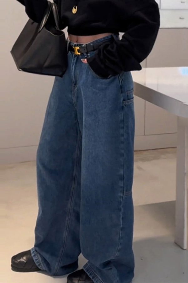 Stylish Blue High Waist Patchwork Pocket Denim Pants Spring